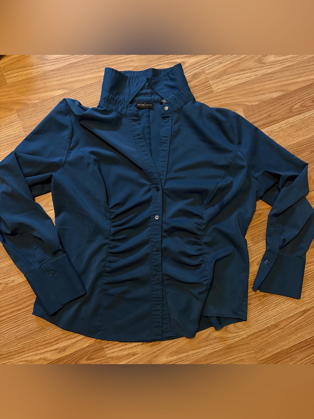 New York & Company Navy Ruched Button-Down Blouse
